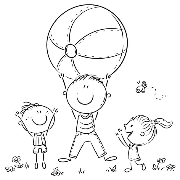 Happy father playing ball with his kids, outline illustration - Vector, Image