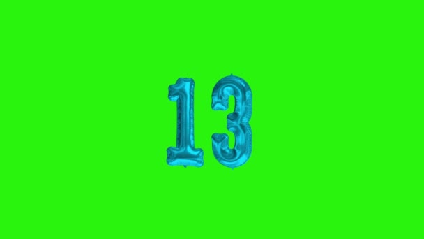 Number 13 thirteen year celebration blue foil balloon floating green screen - Footage, Video
