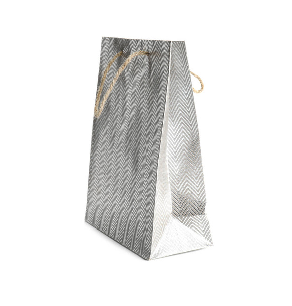 Silver paper shopping bag isolated on white. Space for design - Fotó, kép