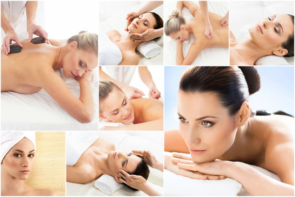 Coleção de fotos com mulheres com diferentes tipos de massagem. Spa, bem-estar, cura, rejuvenescimento, cuidados de saúde e colagem de aromaterapia
. - Foto, Imagem