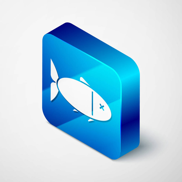Icono de pescado isométrico aislado sobre fondo blanco. Botón cuadrado azul. Ilustración vectorial
 - Vector, imagen