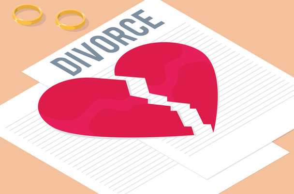 Illustrazione dei documenti per il divorzio. Disegno vettoriale del cuore spezzato. fede nuziale
 - Vettoriali, immagini
