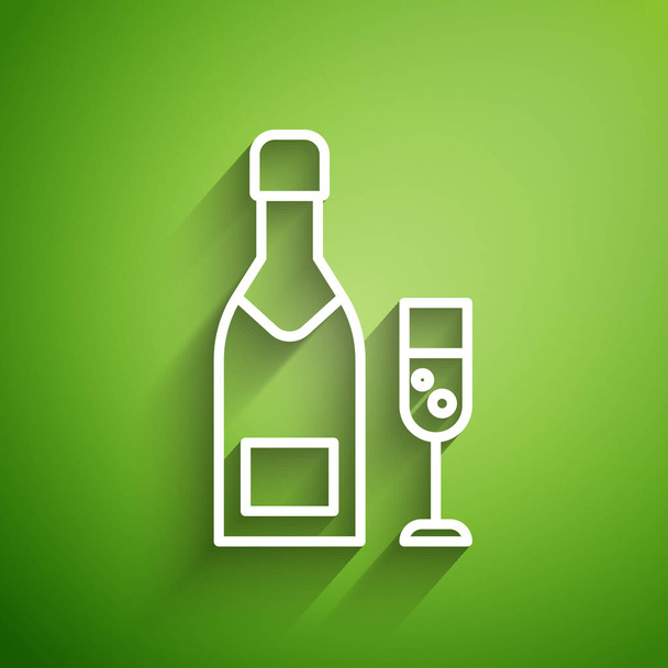 Λευκό μπουκάλι σαμπάνια γραμμή και ένα ποτήρι σαμπάνια εικονίδιο απομονώνονται σε πράσινο φόντο. Καλά Χριστούγεννα και Καλή Χρονιά. Εικονογράφηση διανύσματος - Διάνυσμα, εικόνα