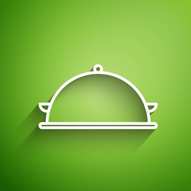 Linea bianca Coperta da un vassoio di icona del cibo isolato su sfondo verde. Segnale vassoio e coperchio. Cloche ristorante con coperchio. Simbolo utensili da cucina. Illustrazione vettoriale
 - Vettoriali, immagini