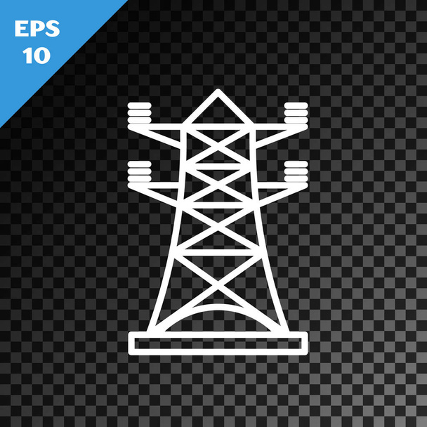 White line Electric tower used to support an overhead power line icon isolated on transparent dark background. High voltage power pole line. Vector Illustration - Vector, Image