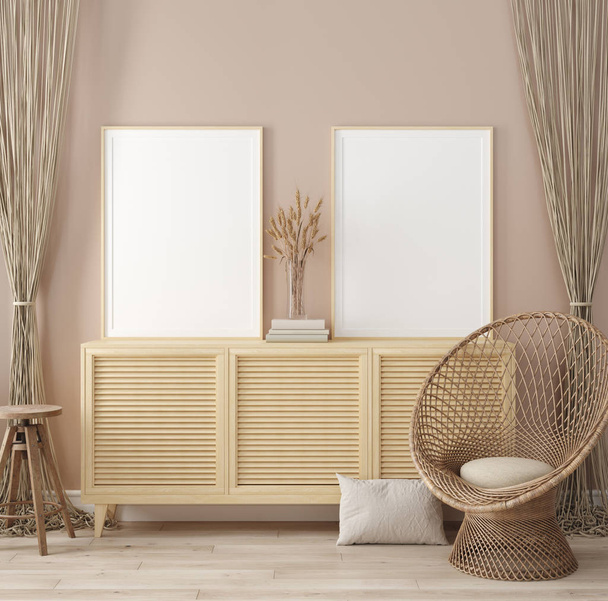Marco simulado en el fondo interior del hogar, habitación de color beige cálido con muebles de madera natural, estilo escandinavo, 3d render
 - Foto, imagen