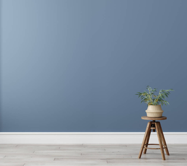 Chaise avec plante dans le salon vide intérieur, fond maquillé mur bleu, rendu 3D
 - Photo, image