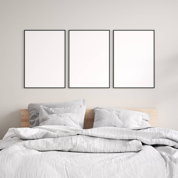 Mock-up poster frame in bedroom, Scandinavian style, 3d render - Photo, Image
