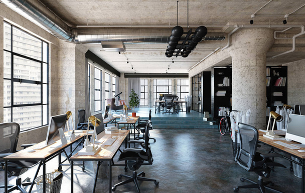 Интерьер офиса в мансарде, промышленный стиль, 3D рендеринг
 - Фото, изображение