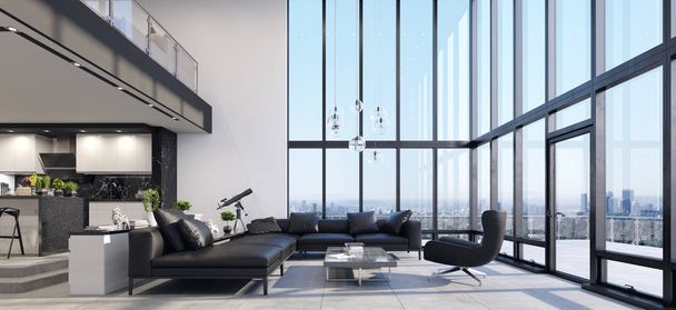 Lujoso ático moderno interior con ventanas panorámicas, 3d render
 - Foto, Imagen