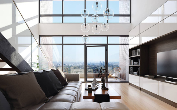 Moderno soggiorno in loft appartamento, rendering 3d
 - Foto, immagini