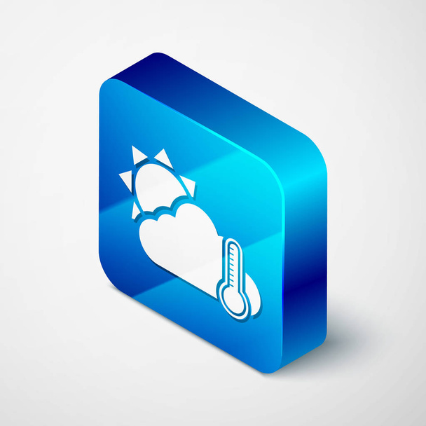 Isometric Thermometer and cloud with sun icon isolated on white background. Blue square button. Vector Illustration - Vector, Image