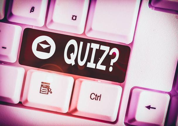 Text sign showing Quiz Question. Conceptual photo test of knowledge as competition between individuals or teams White pc keyboard with empty note paper above white background key copy space. - Photo, Image