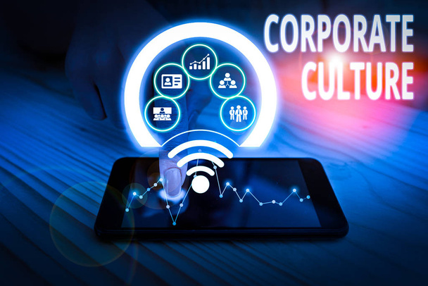 Text sign showing Corporate Culture. Conceptual photo pervasive values and attitudes that characterize a company Picture photo system network scheme modern technology smart device. - Photo, Image