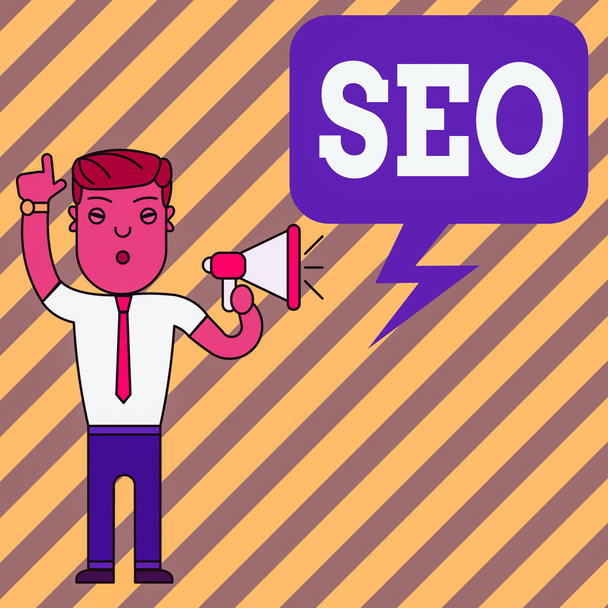 Word writing text Seo. Business concept for incredibly effective way to market your near business online Man Standing with Raised Right Index Finger and Speaking into Megaphone. - Photo, Image