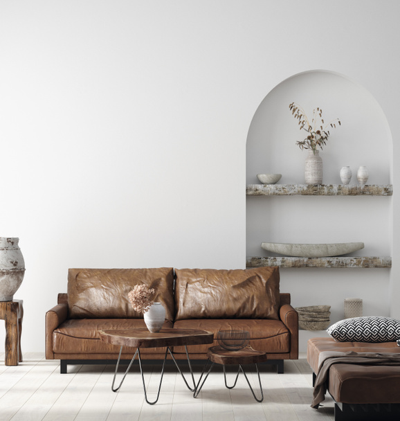 Wall mock up in Scandi-boho home interior with retro brown leather furniture, 3d render - Zdjęcie, obraz