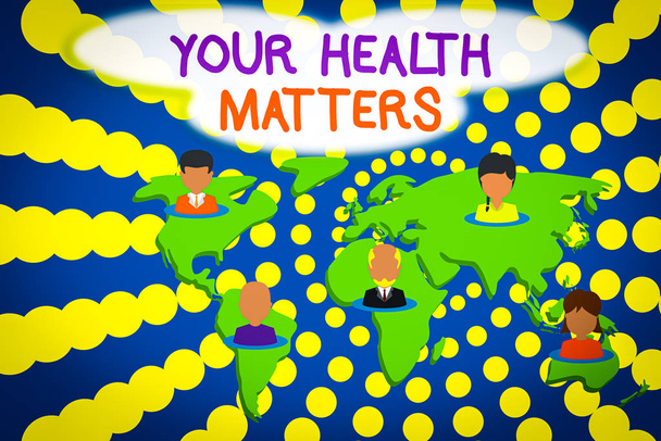 Текст статьи "Ваше здоровье имеет значение". Бизнес-концепция для физического здоровья является важным оставаться в форме и здоровой связи мультиэтнических лиц во всем мире. Глобальная бизнес-карта Земли
. - Фото, изображение
