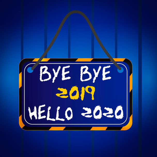 Írási jegyzet bemutató Bye Bye 2019 Hello 2020. Üzleti koncepció búcsút a tavalyi és üdvözlésére egy másik jó tábla csatolja húr színe fekete sárga keret téglalap alakú - Fotó, kép