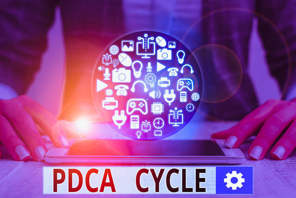 PDCAサイクルを示すテキスト記号。業務用写真テキストの使用は、プロセスと製品を制御し、改善し続ける - 写真・画像