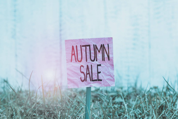 Conceptual hand writing showing Autumn Sale. Concept meaning having great discounts products on season after summer Plain paper attached to stick and placed in the grassy land - Photo, Image