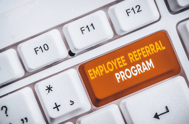Writing note showing Employee Referral Program. Business concept for employees recommend qualified friends relatives White pc keyboard with note paper above the white background - Photo, Image