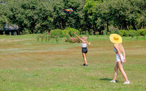 Měkké rozmazání dvou dospívajících dívek hrát s drakem v trávě pole parku nebo zahrady s denním světlem - Fotografie, Obrázek