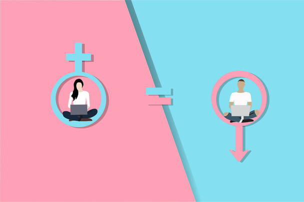Gendergelijkheidsconcept. vrouw en man vector op roze en blauwe gender logo 's. Gelijkheid Vector illustrator. - Vector, afbeelding