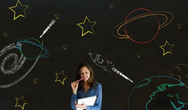Businessman, student or teacher with chalk space travel background - Φωτογραφία, εικόνα