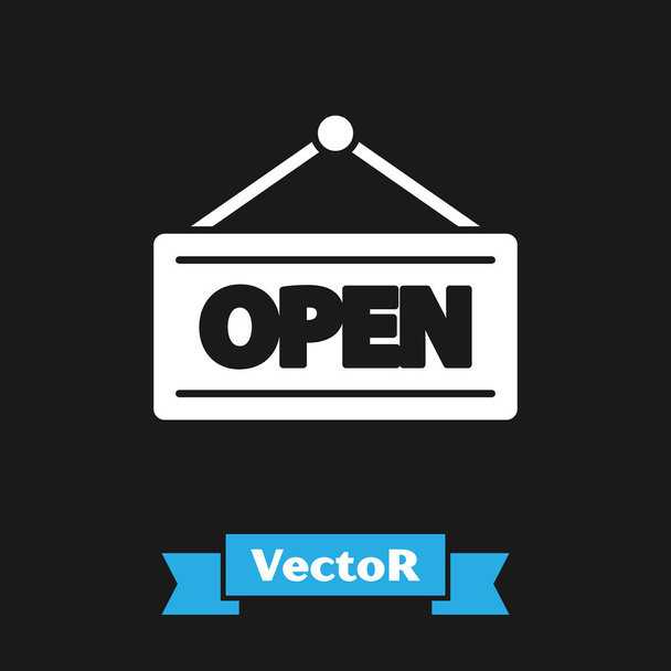 Panneau suspendu blanc avec texte Icône de porte ouverte isolée sur fond noir. Illustration vectorielle - Vecteur, image