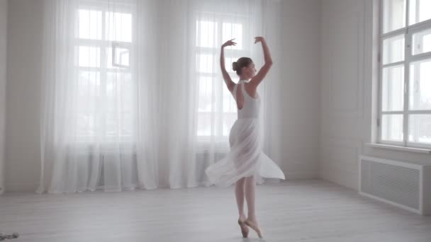 sierlijke ballerina dansen en tenen in puntschoenen in een heldere dansles - Video