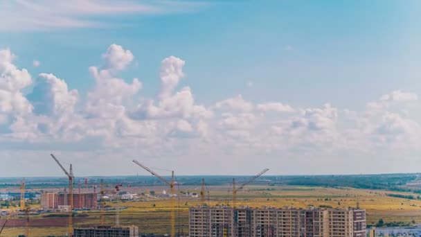 cranes operate near constructions against yellow fields - Footage, Video