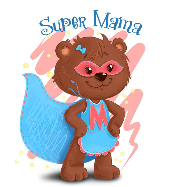 Bear mother Supemom superhero in a blue dress. - Photo, Image
