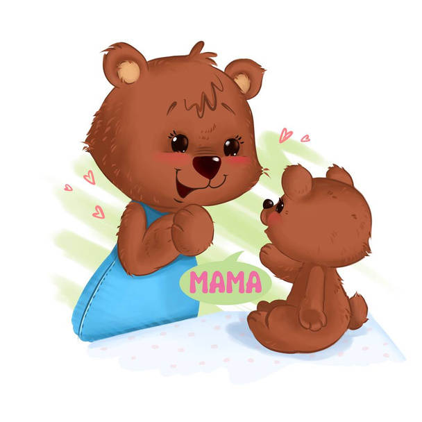 Bärenmutter lächelt und hört das erste Wort ihres Babys. - Foto, Bild