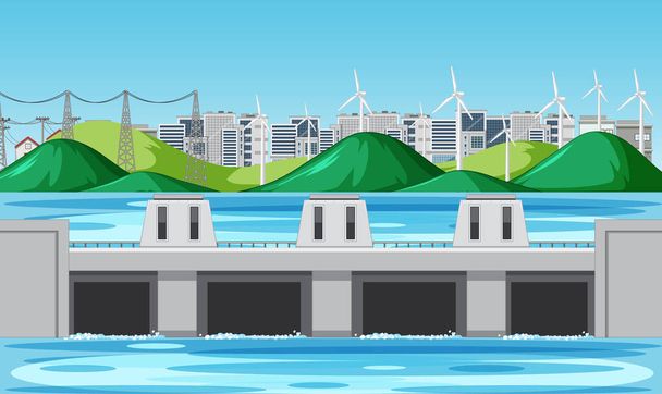 Scene with water dam and wind turbines on the hills - Vector, Image
