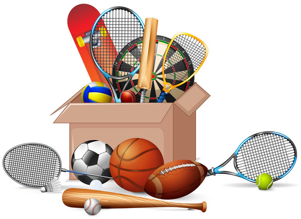Box full of sport equipments on white background - Vector, Image
