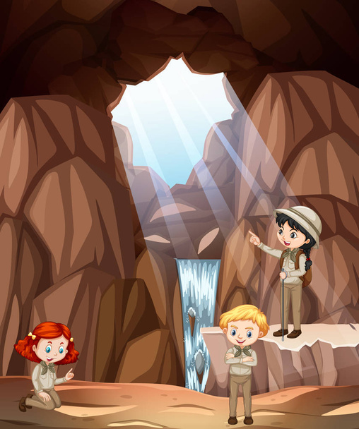 Сцена, где трое детей исследуют пещеру
 - Вектор,изображение