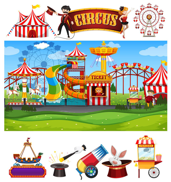 Themepark scene with many rides on white background - Vector, Image