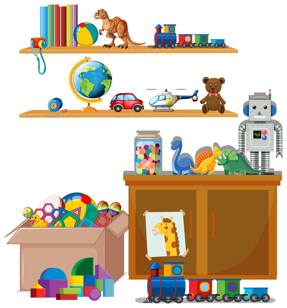 Escena con muchos juguetes en los estantes
 - Vector, imagen