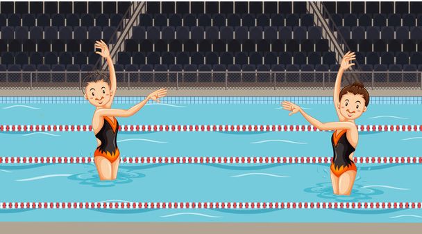 Scene with girls doing water synchronized dance in the pool - Vector, Image