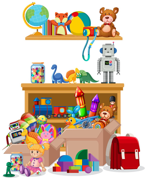 棚と白い背景におもちゃでいっぱいの箱 - ベクター画像