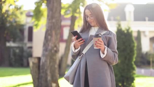 Mujer joven enviando mensajes de texto o usando teléfono inteligente
 - Metraje, vídeo