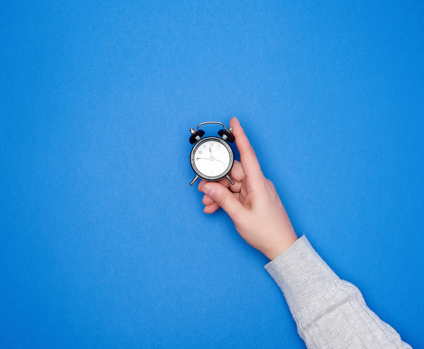hand with a gray sweater holds a round black alarm clock - Foto, afbeelding