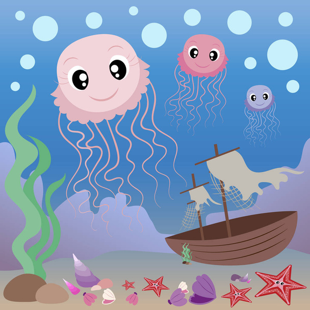 Jellyfish, shells and starfish. Cartoon sea inhabitants. Underwater world. Vector illustration for children. - Vector, Image