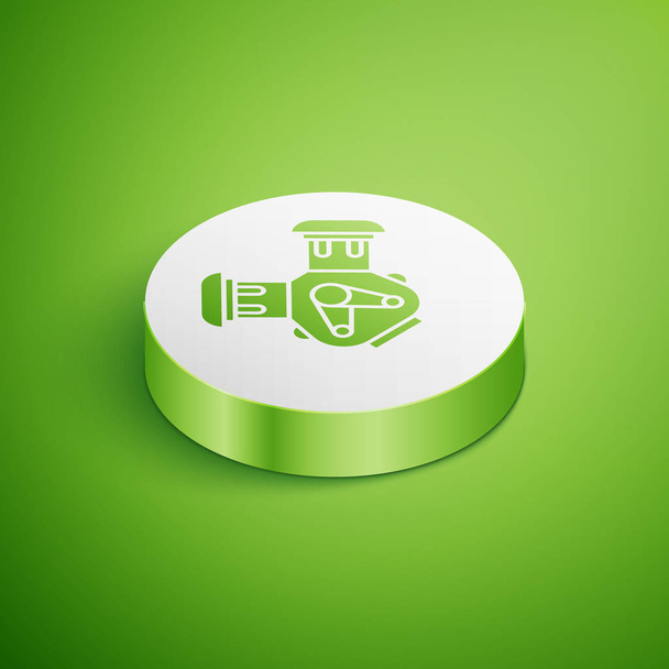 Isometric Car engine icon isolated on green background. White circle button. Vector Illustration - Vector, Image