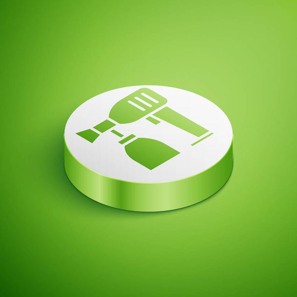 Izometrikus festék szórópisztoly ikon elszigetelt zöld alapon. Fehér kör gomb. Vektorillusztráció - Vektor, kép