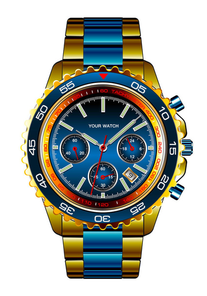 Montre bracelet réaliste chronographe or bleu métallique design pour les hommes luxe sur fond blanc illustration vectorielle
. - Vecteur, image