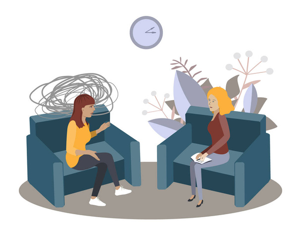 Psychotherapy session vector illustration. Woman psychologist and woman patient, society psychiatry concept - Vector, Image