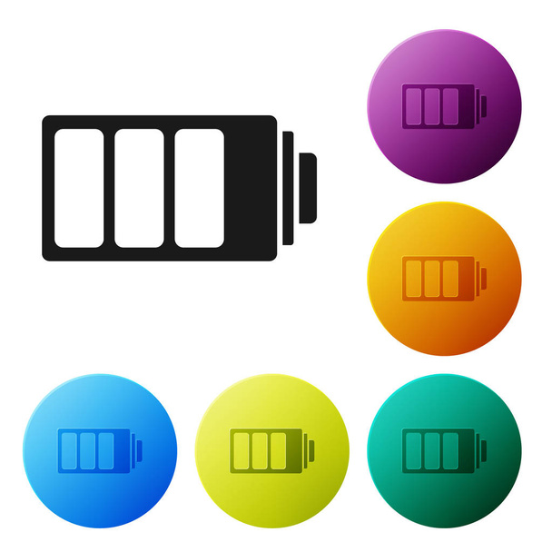 Ikona indikátoru úrovně nabíjení černé baterie je izolovaná na bílém pozadí. Nastavit ikony barevných kolečků. Vektorová ilustrace - Vektor, obrázek