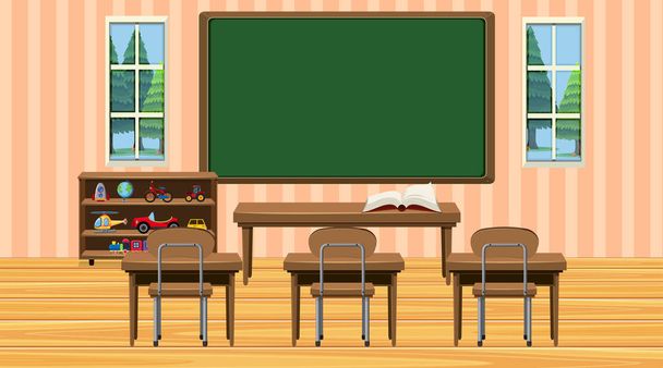 Classroom scene met schoolbord en bureaus - Vector, afbeelding