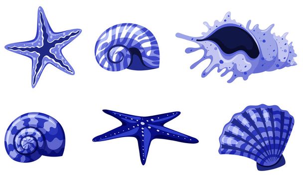 Set of isolated seashells in blue color - Vector, Image